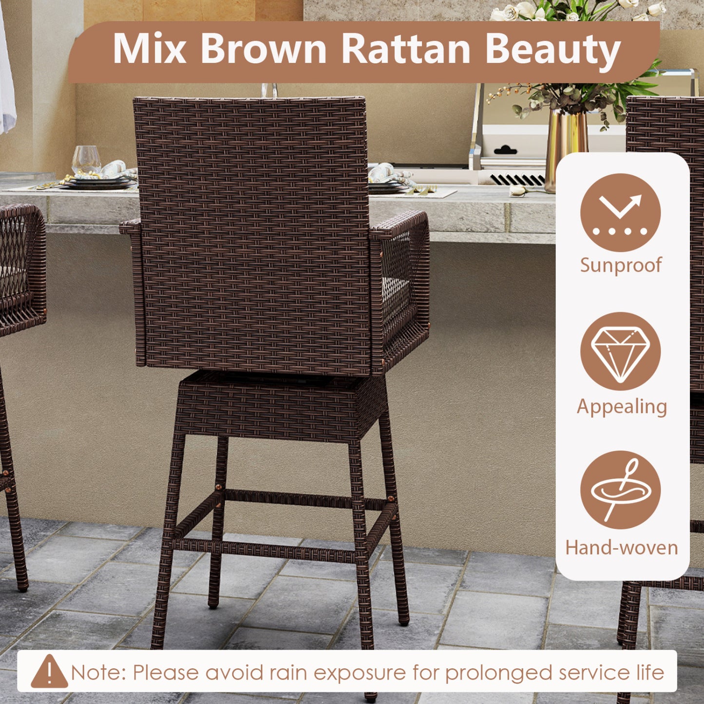 Tabouret pivotant de hauteur de bar 29", accoudoirs tissés croisés, marron