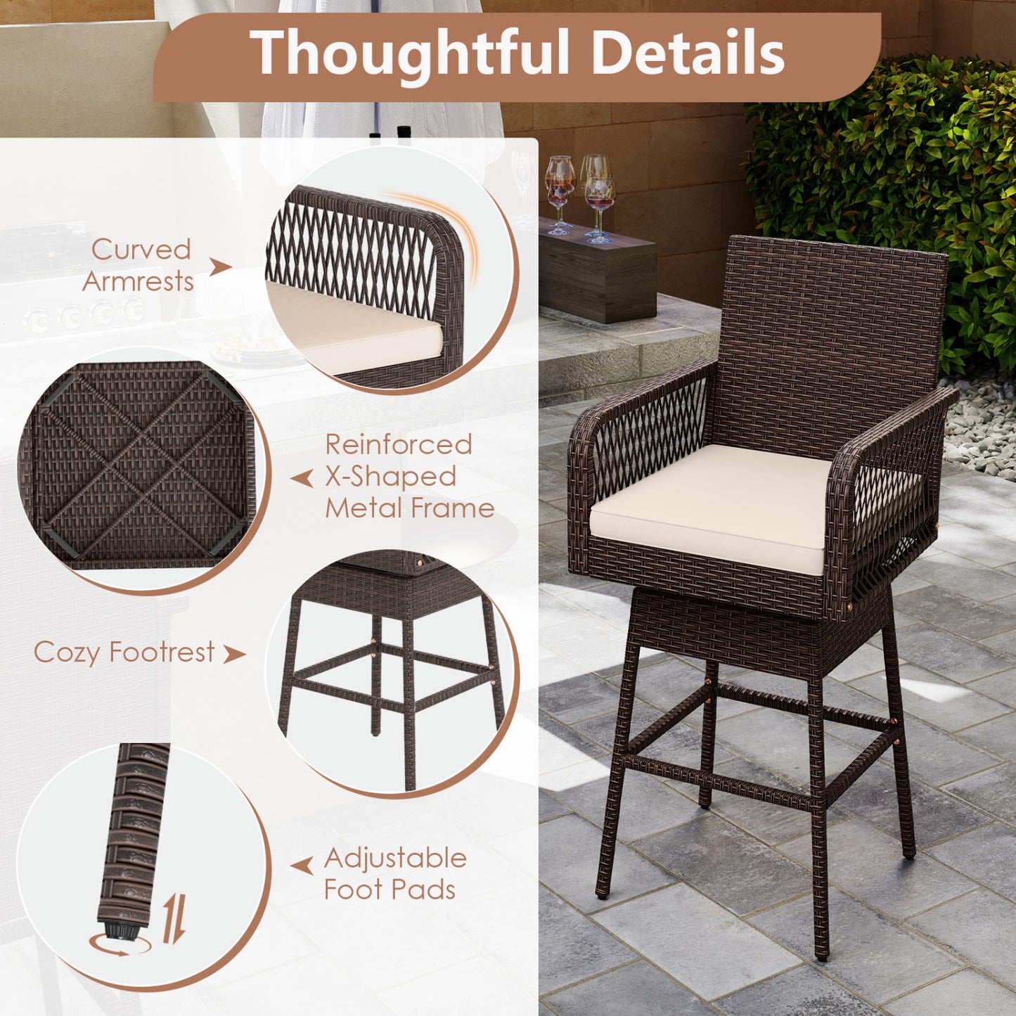 Tabouret pivotant de hauteur de bar 29", accoudoirs tissés croisés, marron