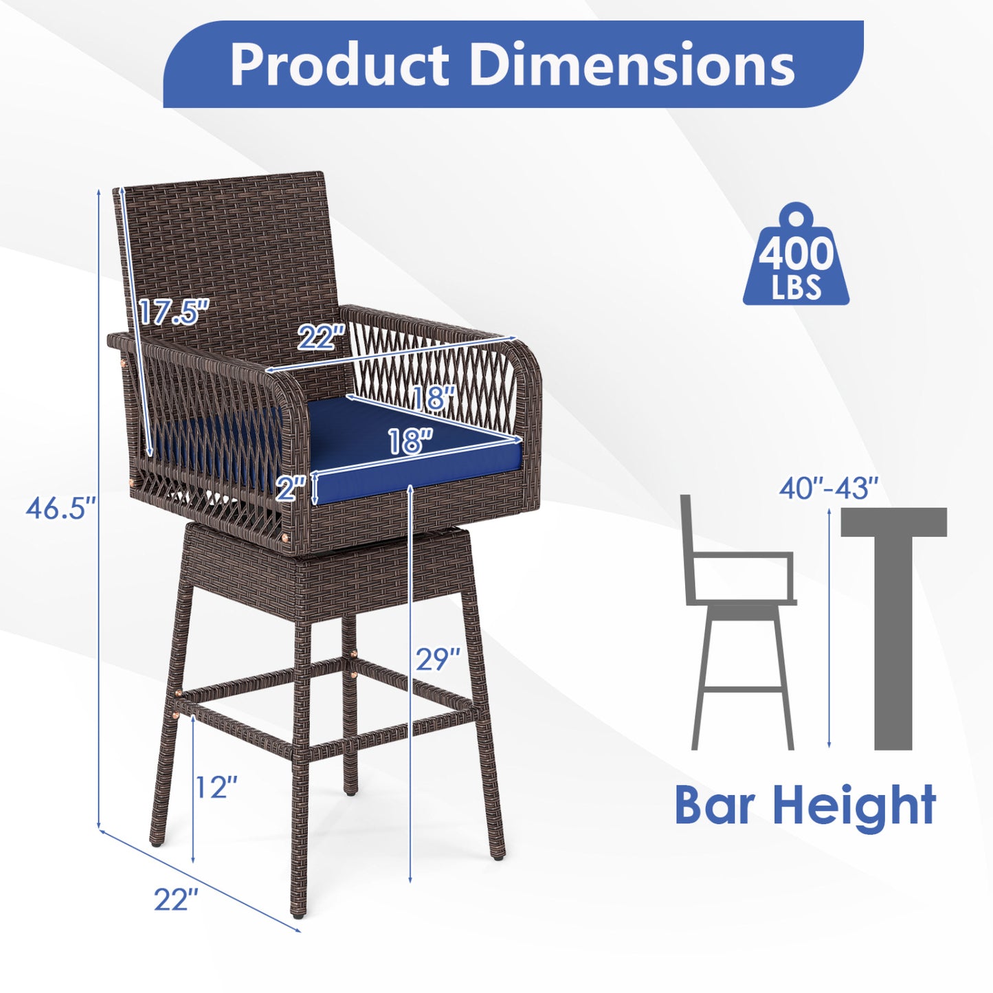 Tabouret de bar, pivotant à 360°, avec coussin, bleu marine