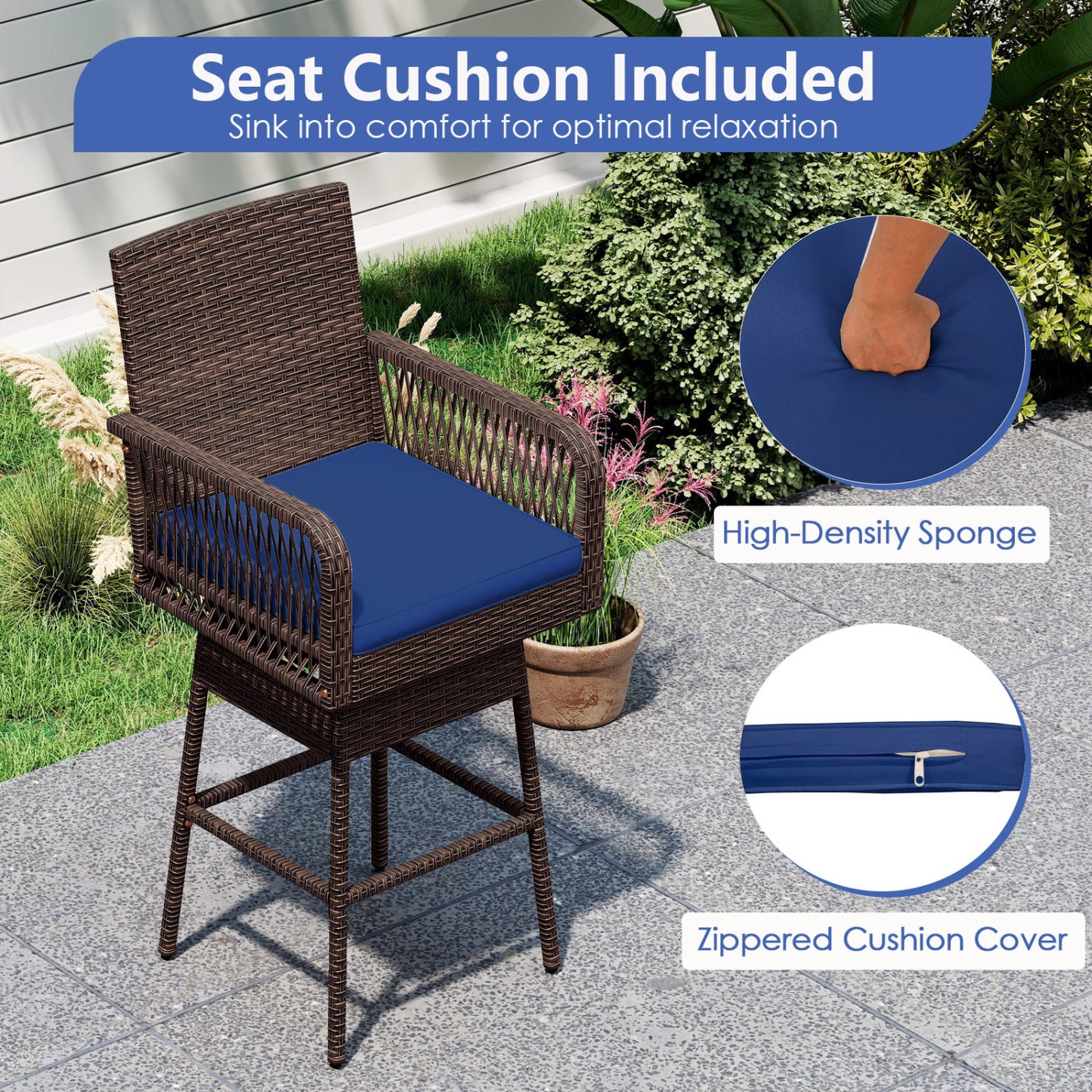 Tabouret de bar, pivotant à 360°, avec coussin, bleu marine