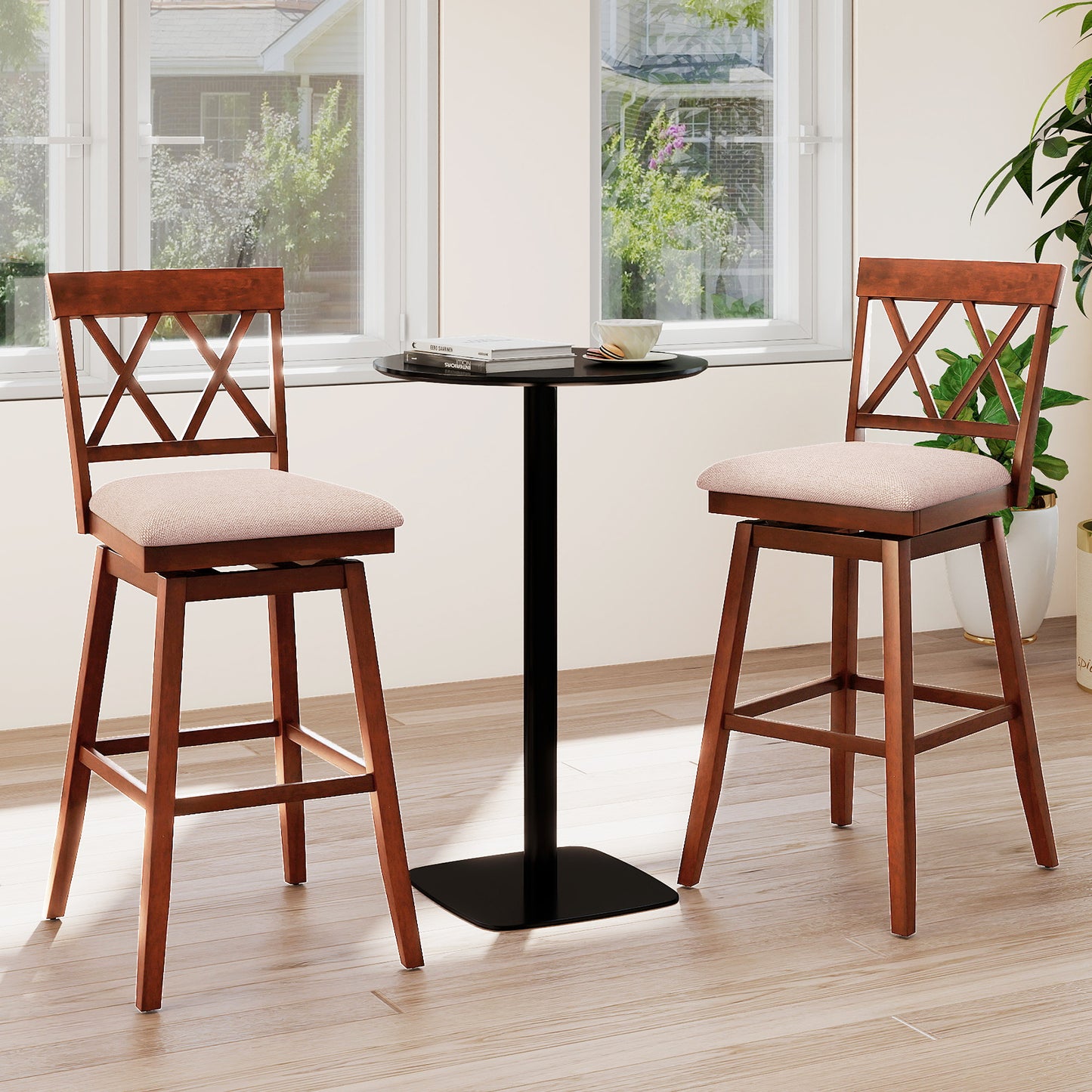 29 Inch Counter Height Barstools with Backrest and Upholstered Seat Cushion for Kitchen Dining Room, Oak