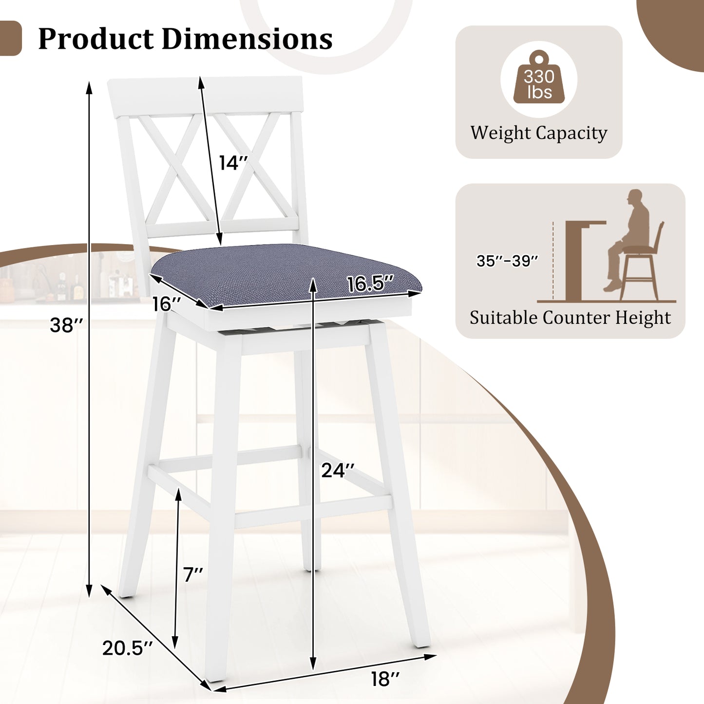29 Inch Counter Height Barstools with Backrest and Upholstered Seat Cushion for Kitchen Dining Room, White