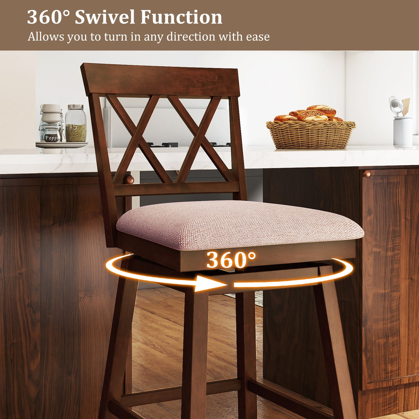 29 Inch Counter Height Barstools with Backrest and Upholstered Seat Cushion for Kitchen Dining Room, Oak Bar Stools at Gallery Canada