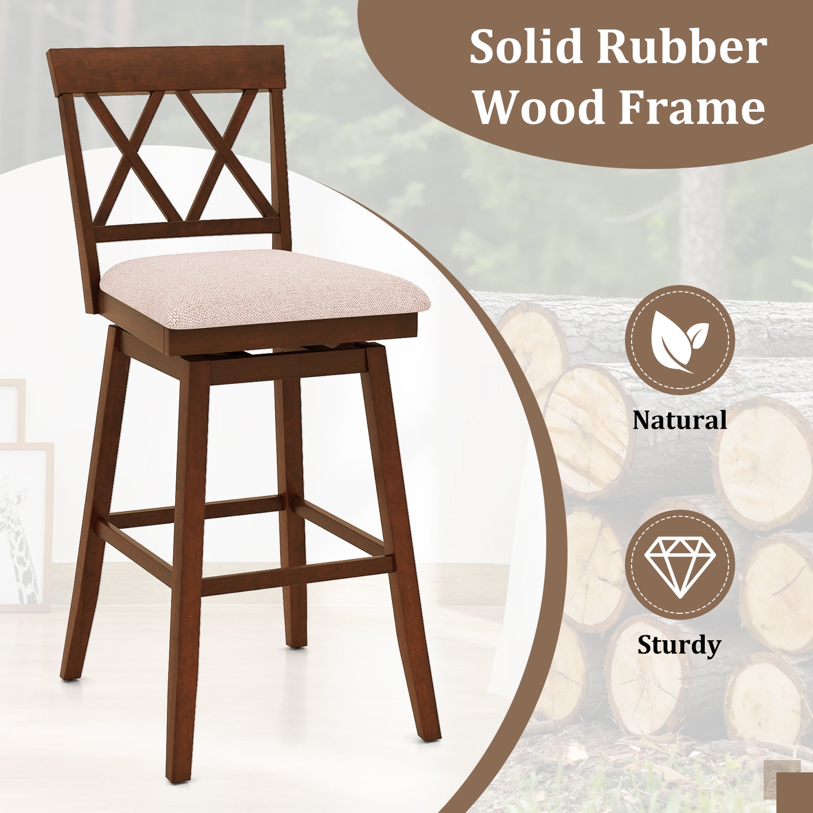 29 Inch Counter Height Barstools with Backrest and Upholstered Seat Cushion for Kitchen Dining Room, Oak Bar Stools at Gallery Canada