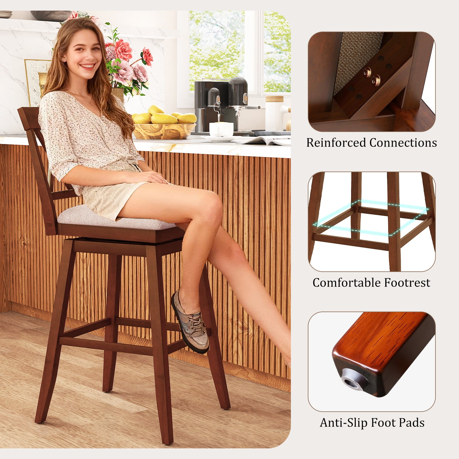 29 Inch Counter Height Barstools with Backrest and Upholstered Seat Cushion for Kitchen Dining Room, Oak Bar Stools at Gallery Canada