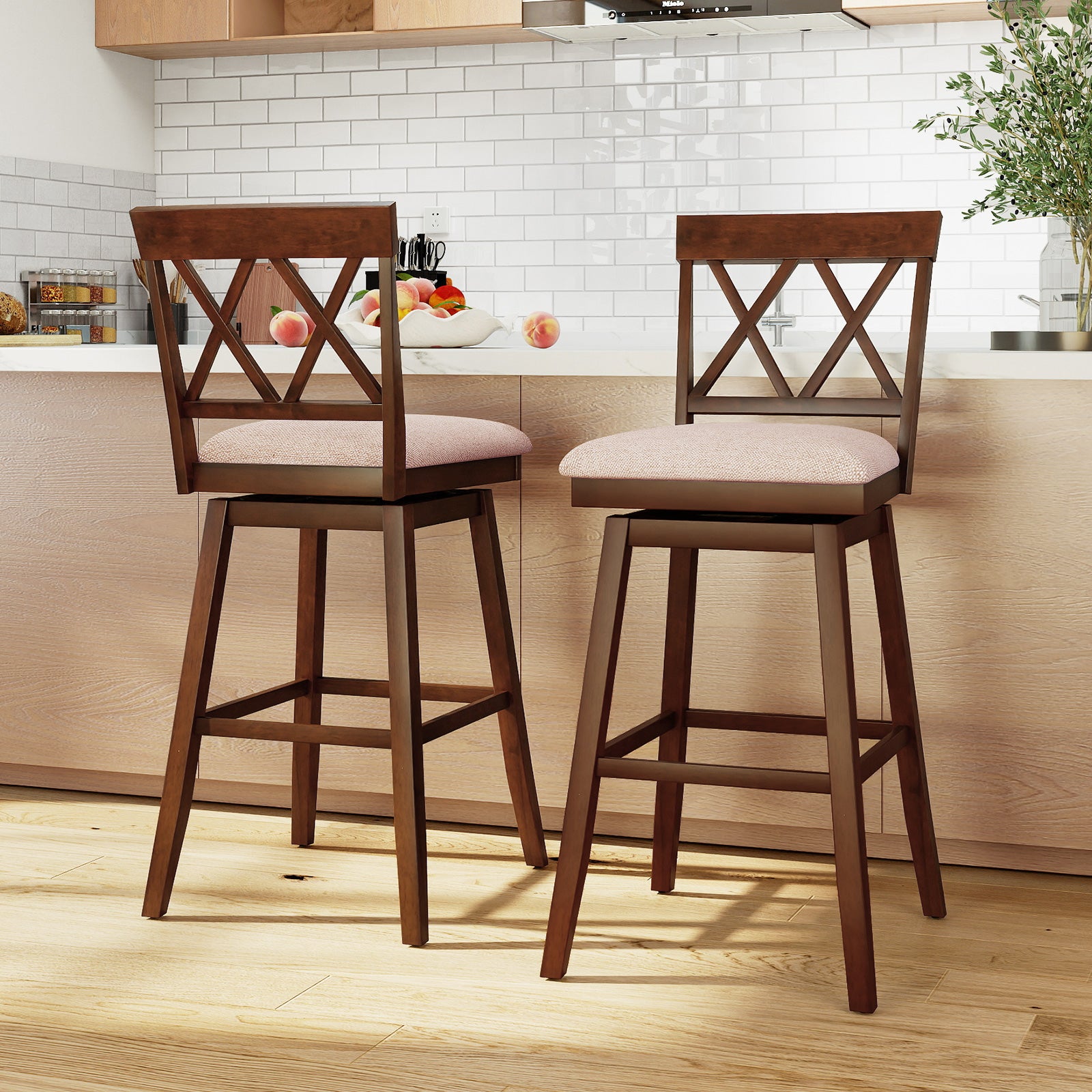 29 Inch Counter Height Barstools with Backrest and Upholstered Seat Cushion for Kitchen Dining Room, Oak Bar Stools at Gallery Canada