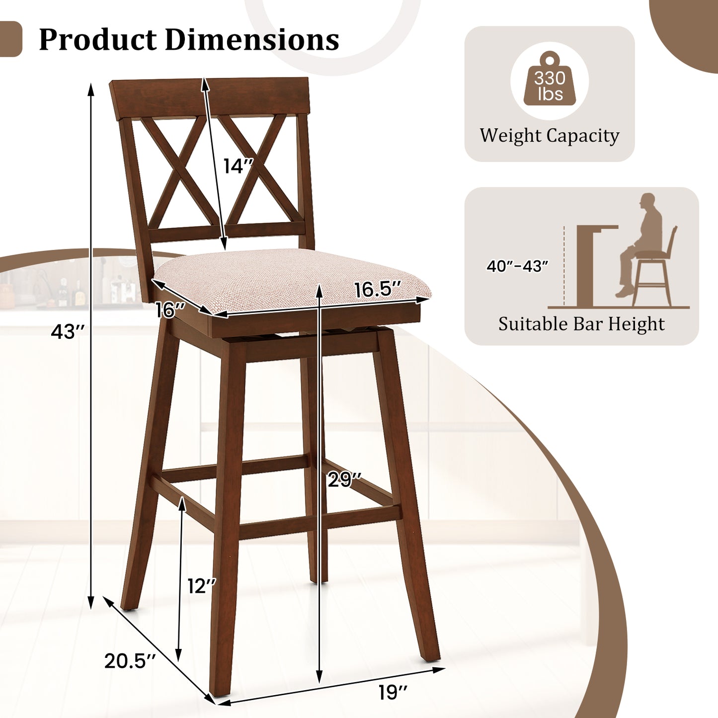 29 Inch Counter Height Barstools with Backrest and Upholstered Seat Cushion for Kitchen Dining Room, Oak Bar Stools at Gallery Canada