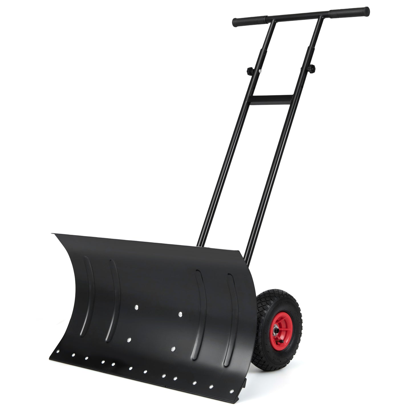 29 Inch Snow Pusher Heavy Duty Metal Shovel with Wheels and Adjustable Handle, Black