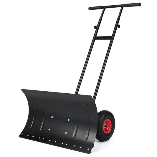29 Inch Snow Pusher Heavy Duty Metal Shovel with Wheels and Adjustable Handle, Black