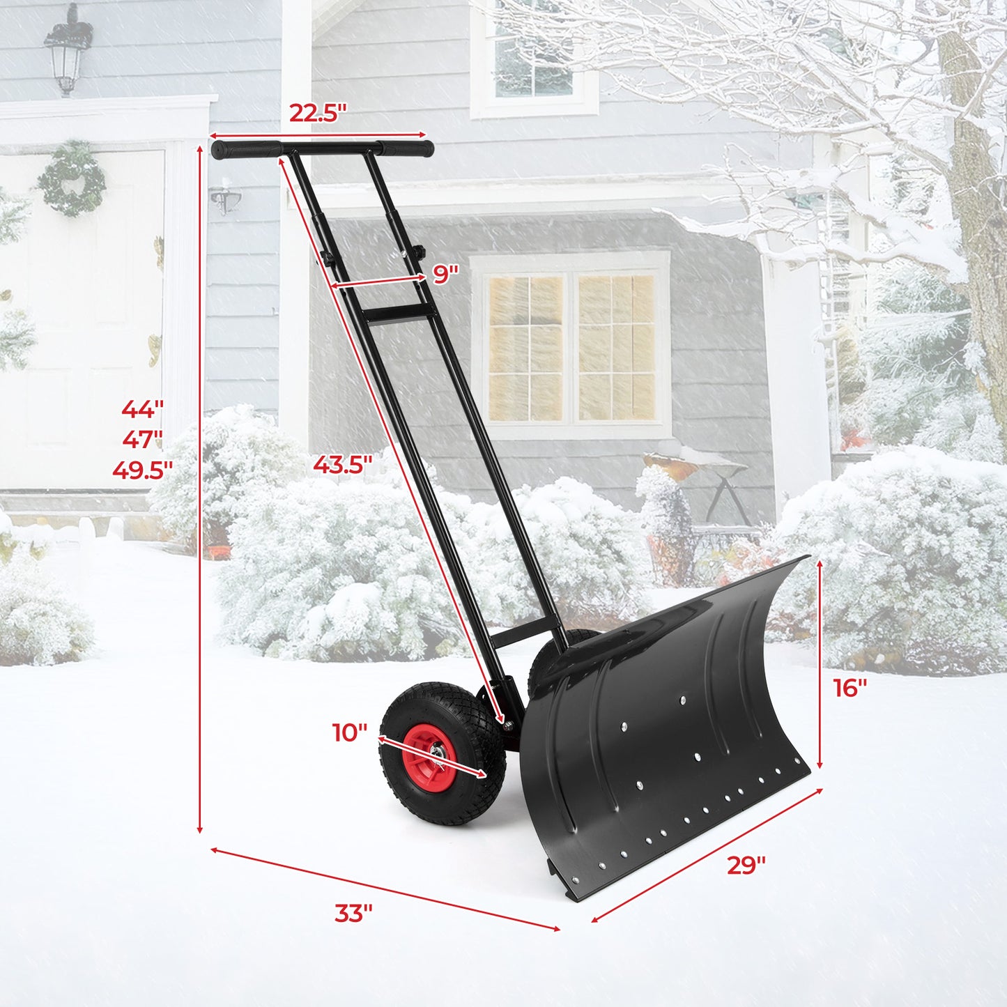 29 Inch Snow Pusher Heavy Duty Metal Shovel with Wheels and Adjustable Handle, Black