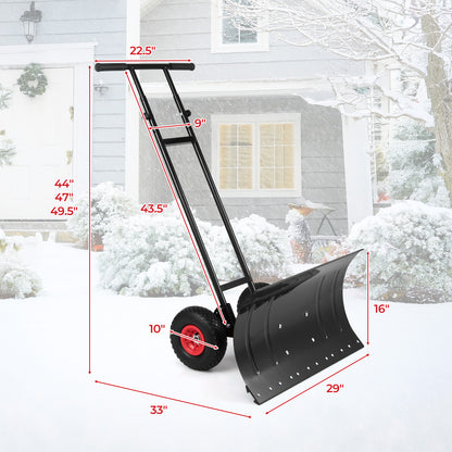 29 Inch Snow Pusher Heavy Duty Metal Shovel with Wheels and Adjustable Handle, Black