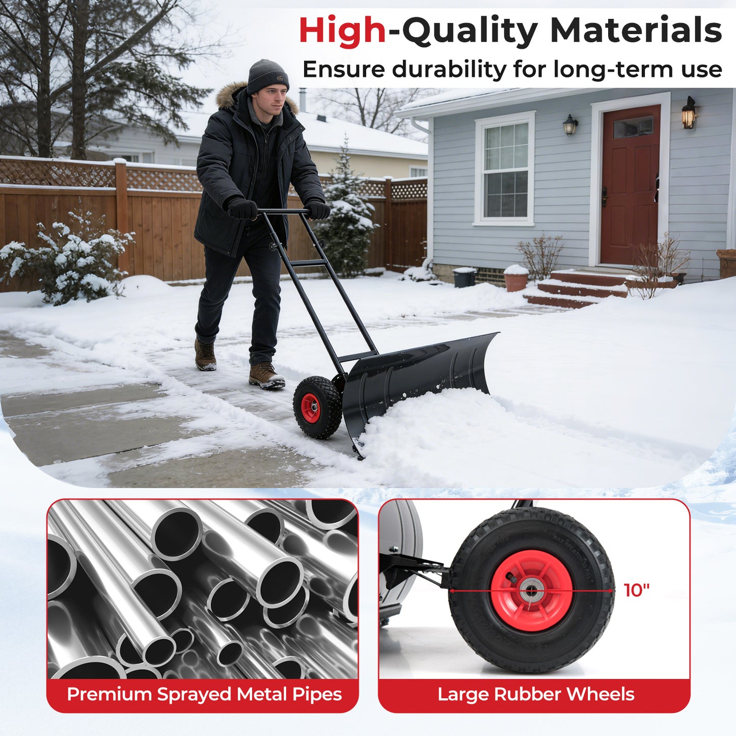 29 Inch Snow Pusher Heavy Duty Metal Shovel with Wheels and Adjustable Handle, Black