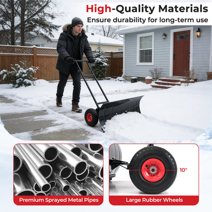 29 Inch Snow Pusher Heavy Duty Metal Shovel with Wheels and Adjustable Handle, Black