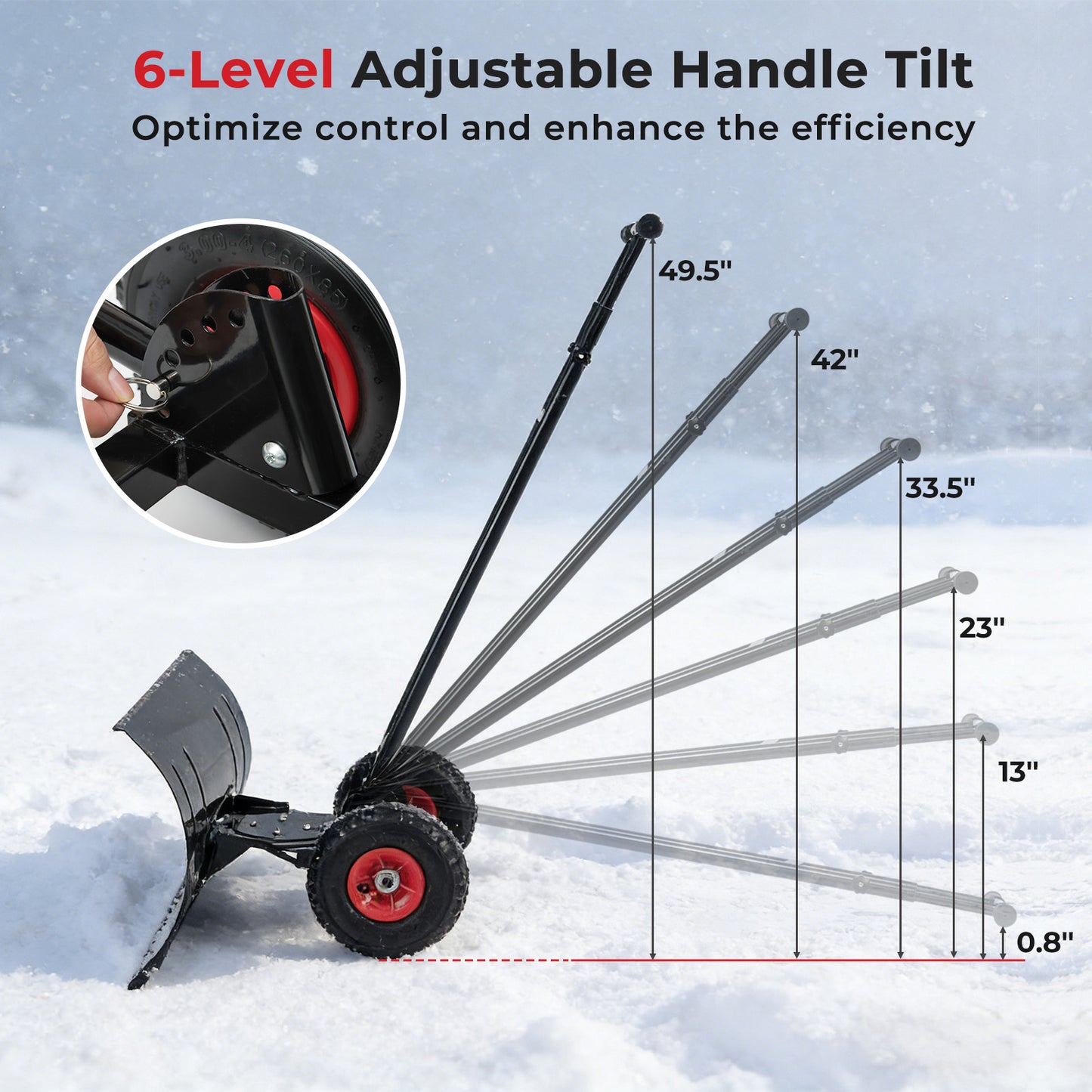 29 Inch Snow Pusher Heavy Duty Metal Shovel with Wheels and Adjustable Handle, Black