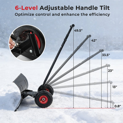 29 Inch Snow Pusher Heavy Duty Metal Shovel with Wheels and Adjustable Handle, Black
