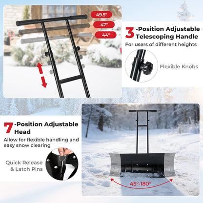 29 Inch Snow Pusher Heavy Duty Metal Shovel with Wheels and Adjustable Handle, Black