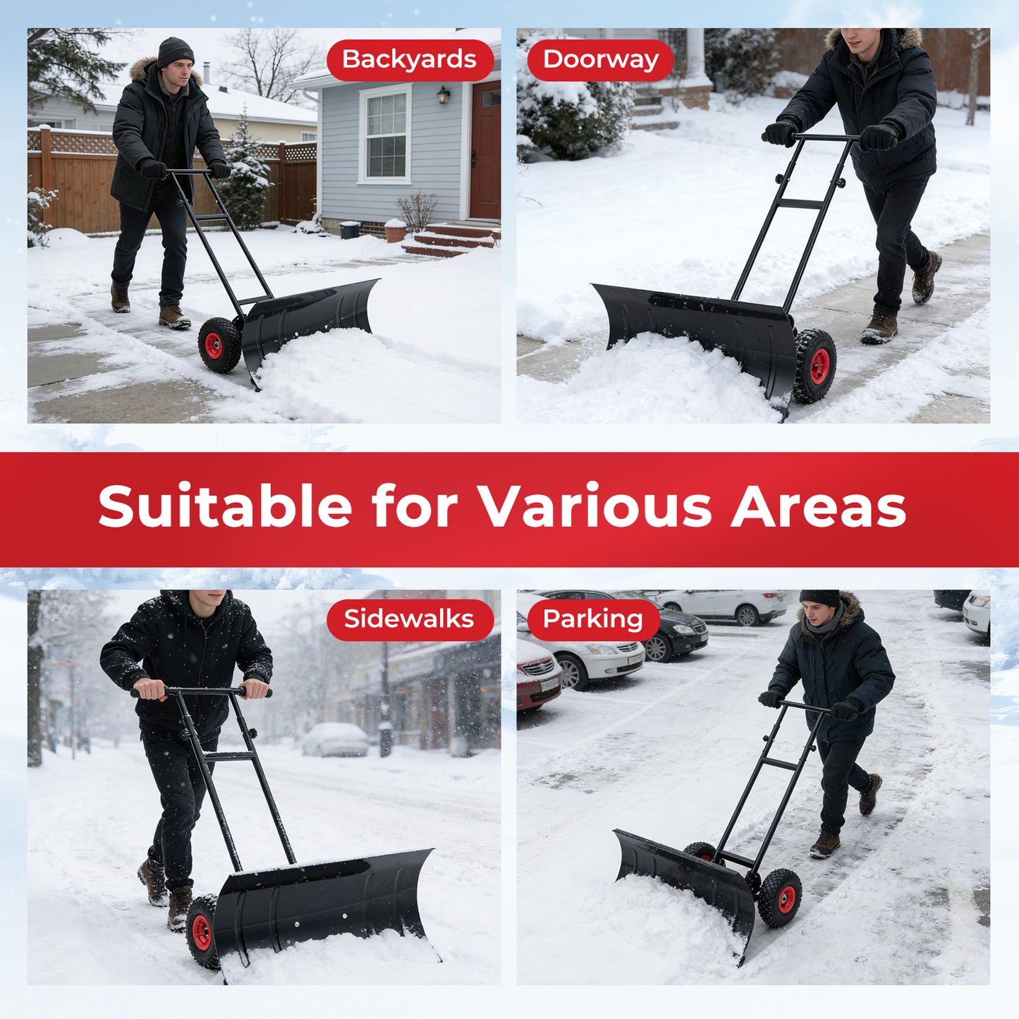 29 Inch Snow Pusher Heavy Duty Metal Shovel with Wheels and Adjustable Handle, Black