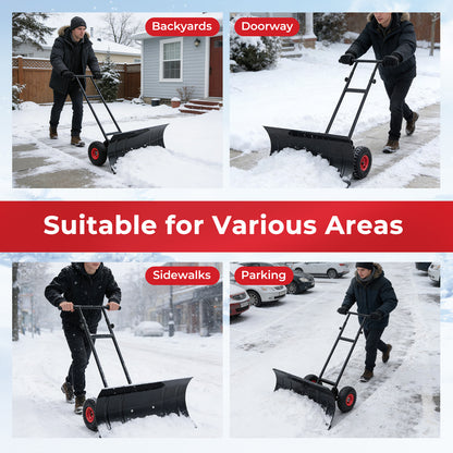 29 Inch Snow Pusher Heavy Duty Metal Shovel with Wheels and Adjustable Handle, Black