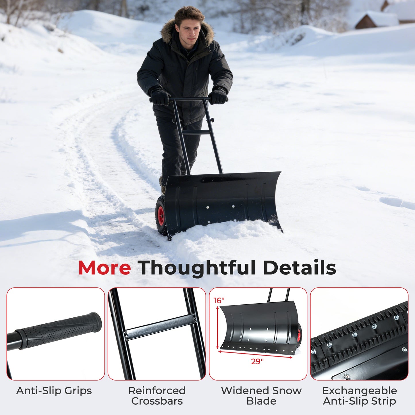 29 Inch Snow Pusher Heavy Duty Metal Shovel with Wheels and Adjustable Handle, Black