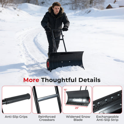 29 Inch Snow Pusher Heavy Duty Metal Shovel with Wheels and Adjustable Handle, Black