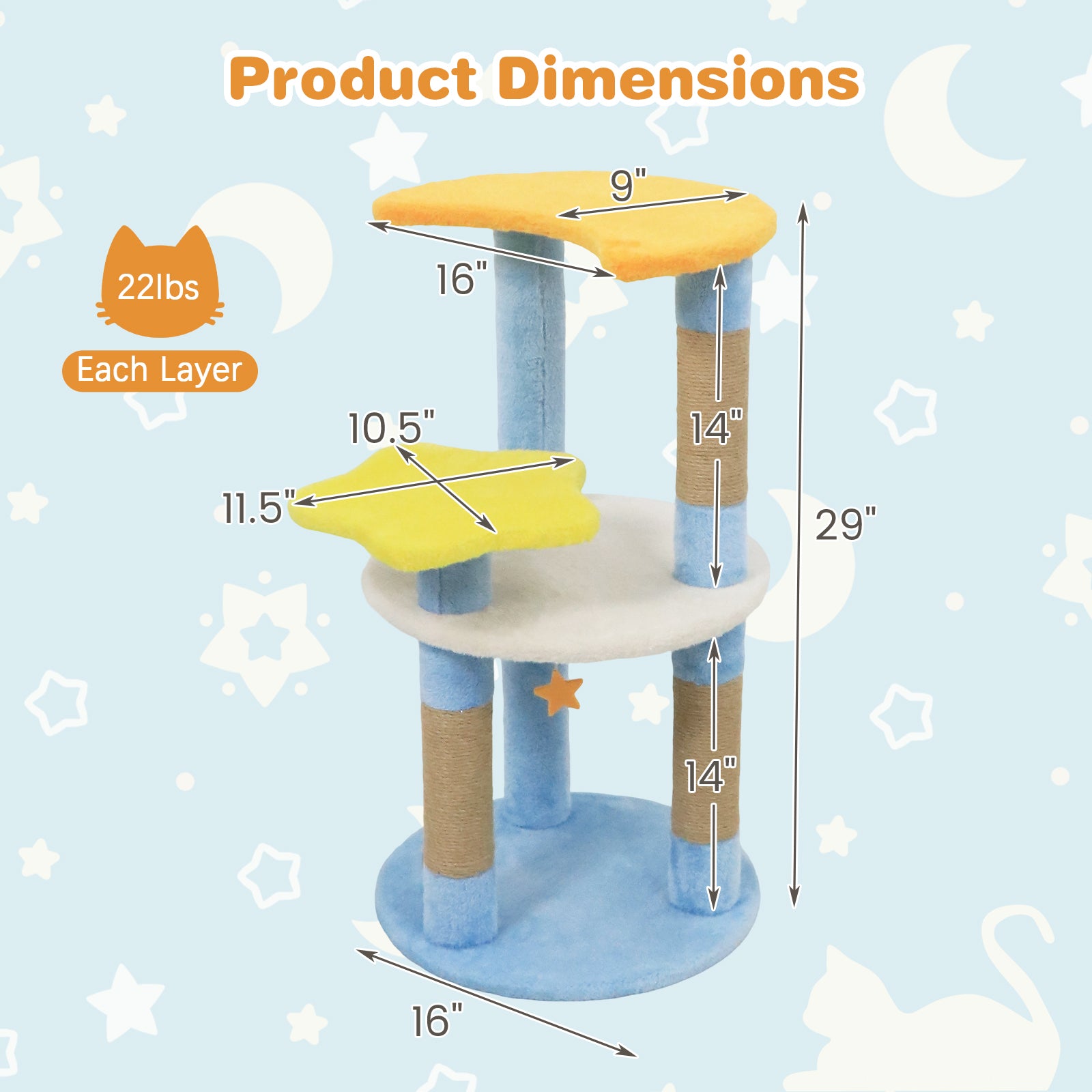 29 Inches Cute Modern Cat Tree with Star and Moon Shaped Platforms, Blue Cat Trees Condos & Scratchers at Gallery Canada