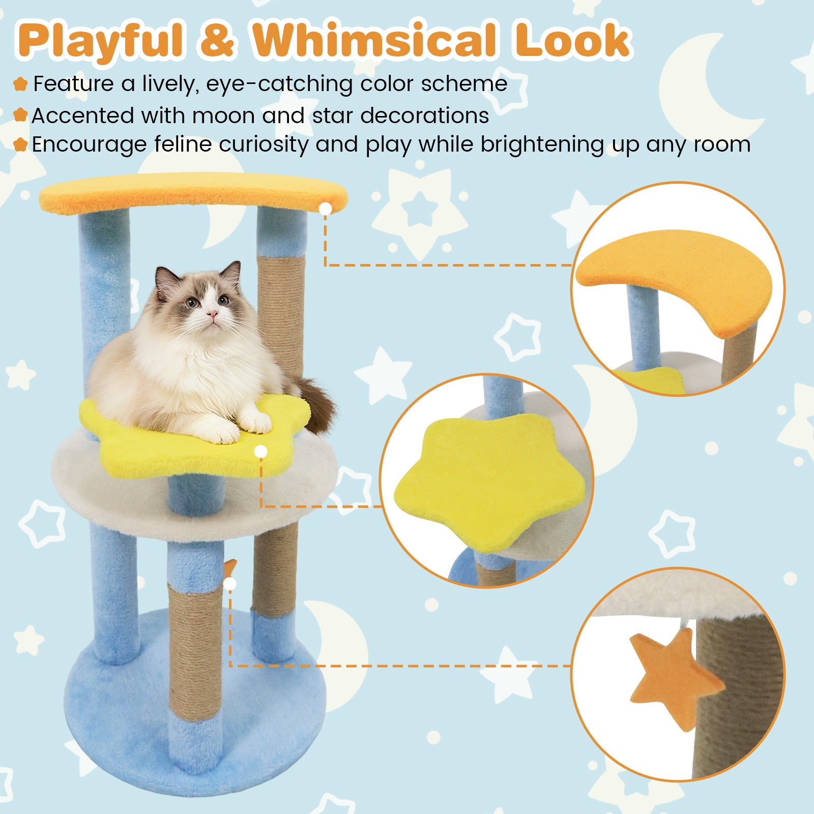 29 Inches Cute Modern Cat Tree with Star and Moon Shaped Platforms, Blue Cat Trees Condos & Scratchers at Gallery Canada