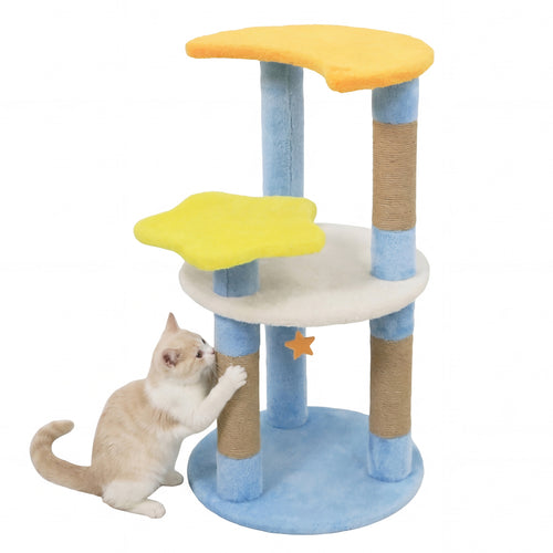 29 Inches Cute Modern Cat Tree with Star and Moon Shaped Platforms, Blue
