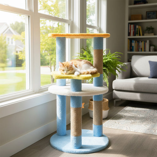 29 Inches Cute Modern Cat Tree with Star and Moon Shaped Platforms, Blue