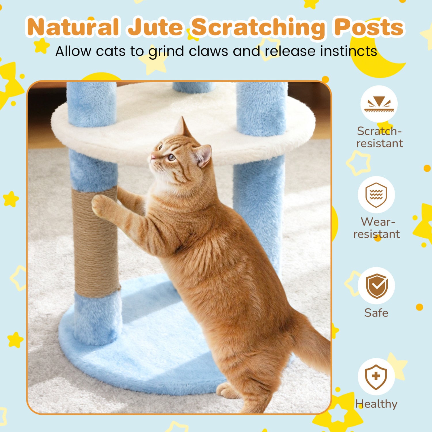 29 Inches Cute Modern Cat Tree with Star and Moon Shaped Platforms, Blue Cat Trees Condos & Scratchers at Gallery Canada