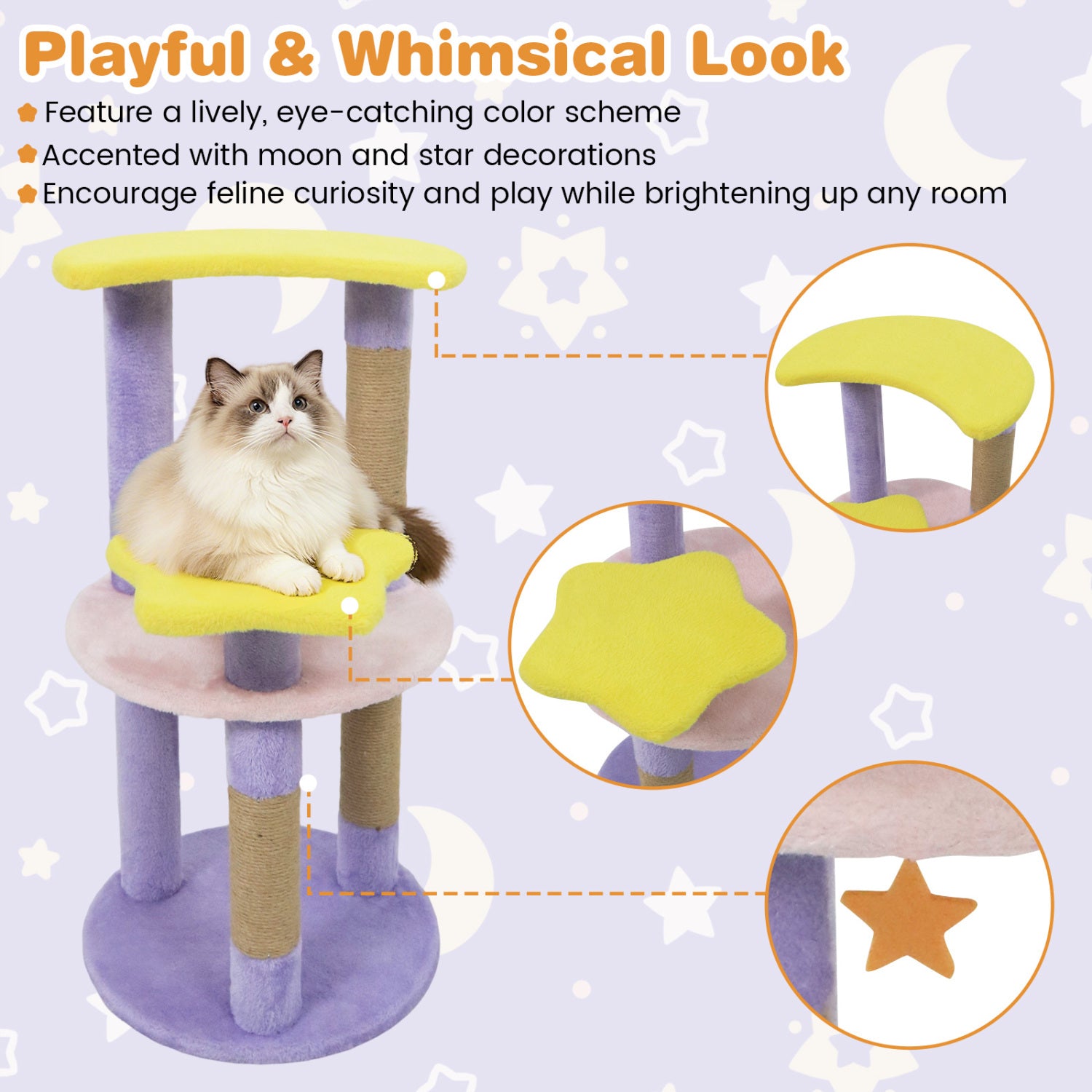 29 Inches Cute Modern Cat Tree with Star and Moon Shaped Platforms, Purple Cat Trees Condos & Scratchers at Gallery Canada