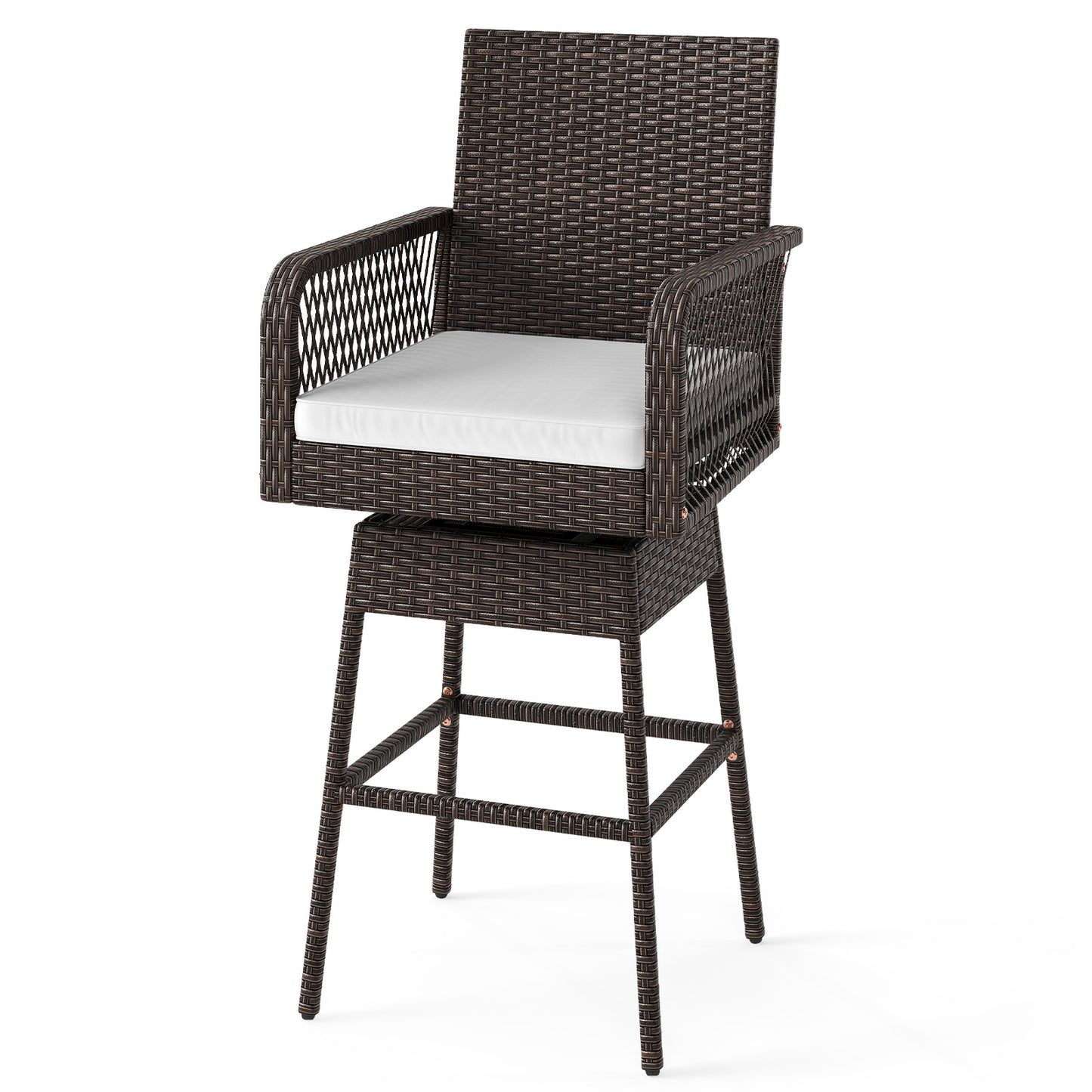 29 Inches Patio 360° Swivel Bar Stool with Cross-Woven Armrests and Seat Cushion, White Bar Stools at Gallery Canada