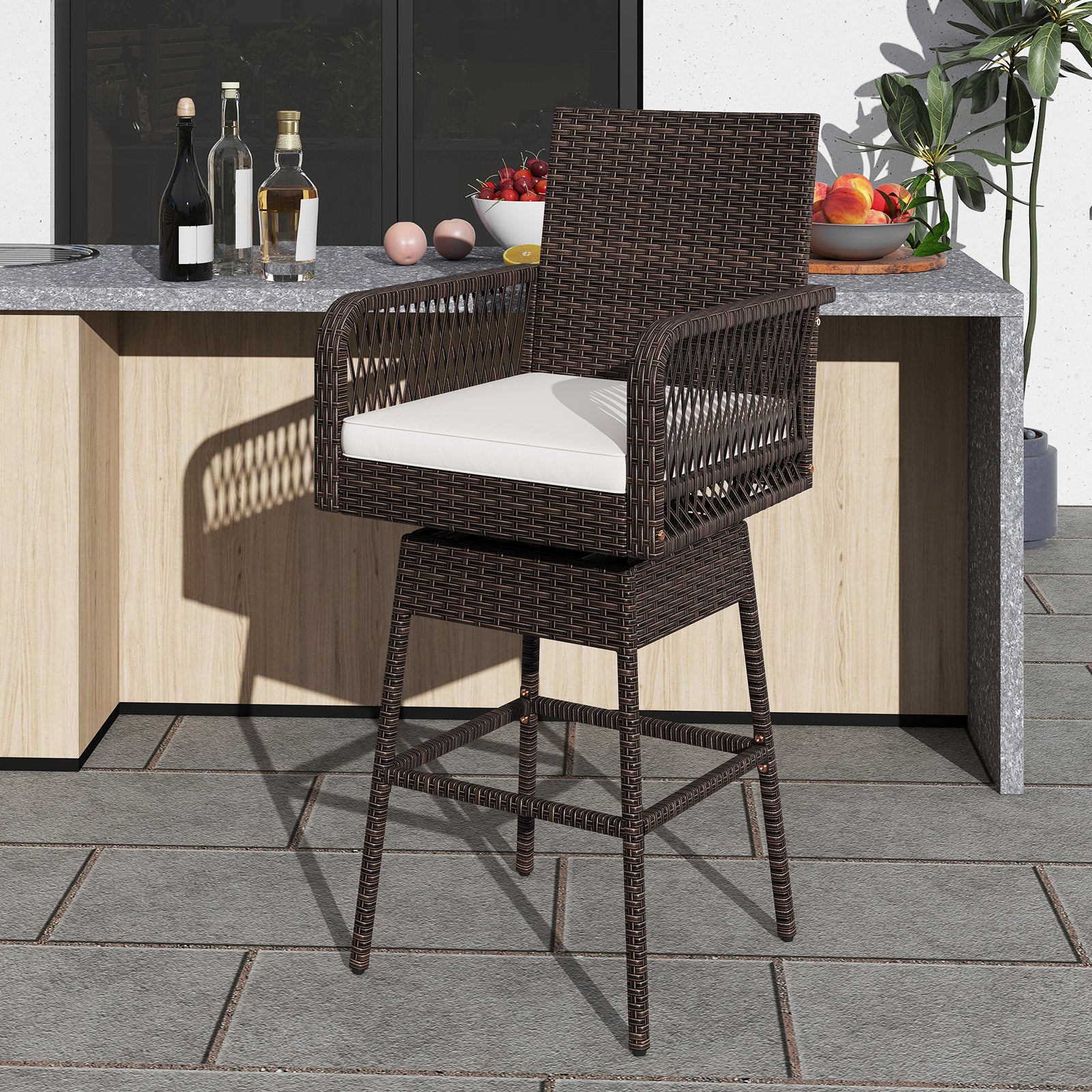 29 Inches Patio 360° Swivel Bar Stool with Cross-Woven Armrests and Seat Cushion, White Bar Stools at Gallery Canada