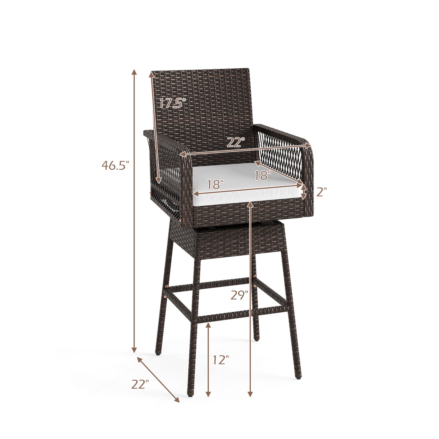 29 Inches Patio 360° Swivel Bar Stool with Cross-Woven Armrests and Seat Cushion, White Bar Stools at Gallery Canada