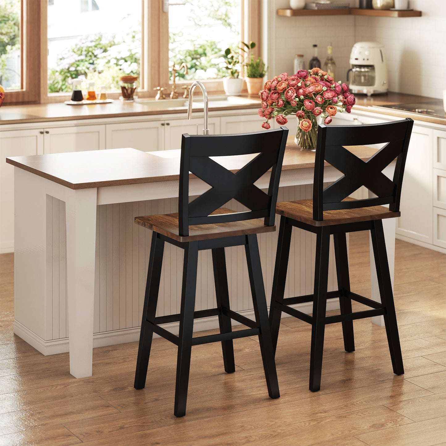 29" Rubberwood Swivel Barstools Set of 2 with Backrest and Large Seat, Black