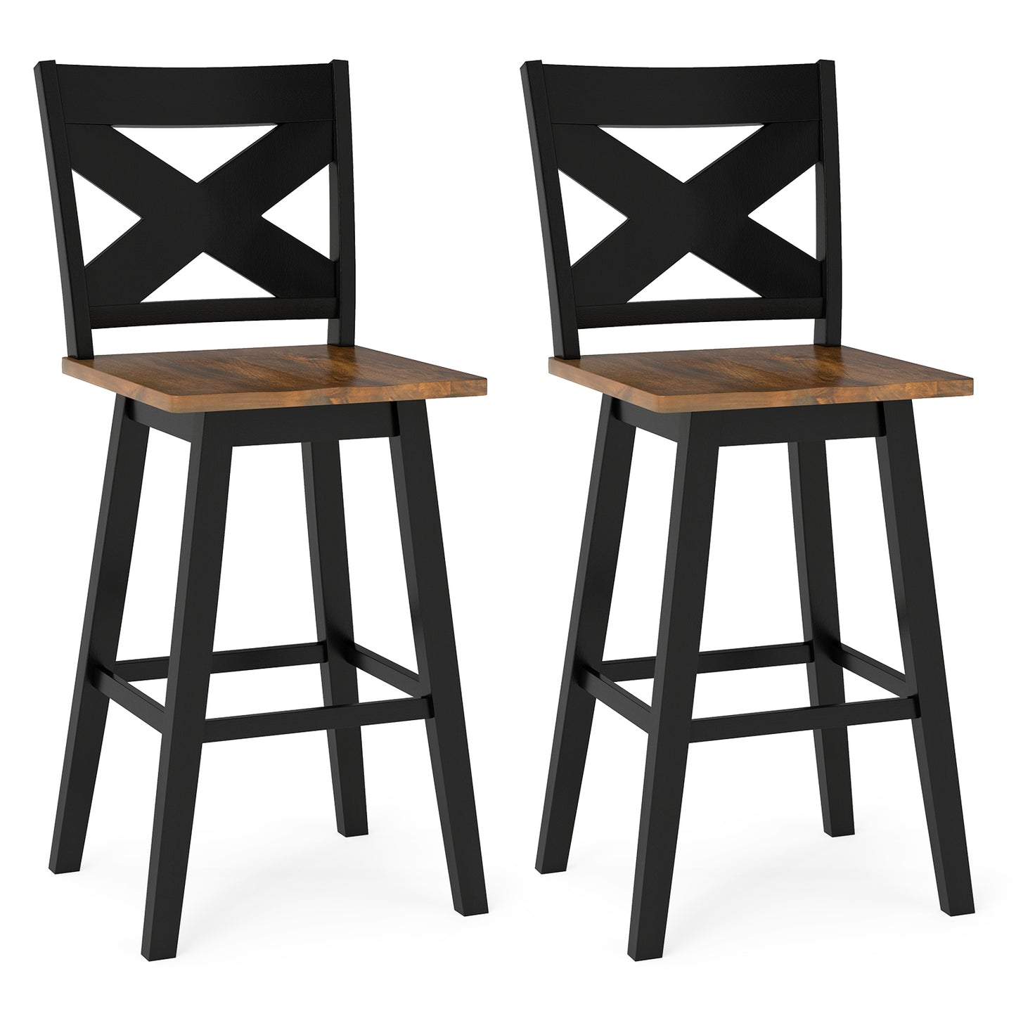 29" Rubberwood Swivel Barstools Set of 2 with Backrest and Large Seat, Black