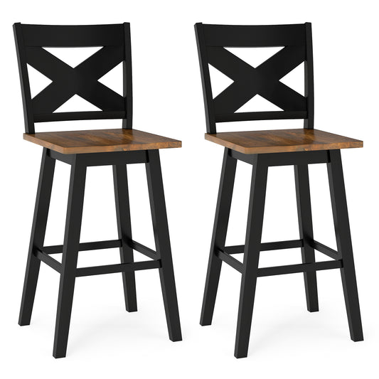 29" Rubberwood Swivel Barstools Set of 2 with Backrest and Large Seat, Black