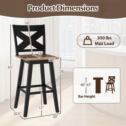 29" Rubberwood Swivel Barstools Set of 2 with Backrest and Large Seat, Black