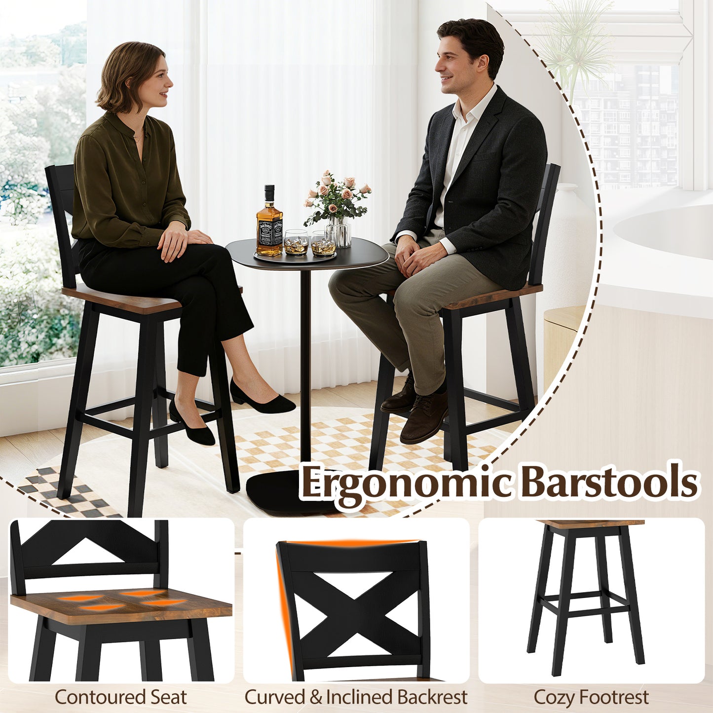 29" Rubberwood Swivel Barstools Set of 2 with Backrest and Large Seat, Black