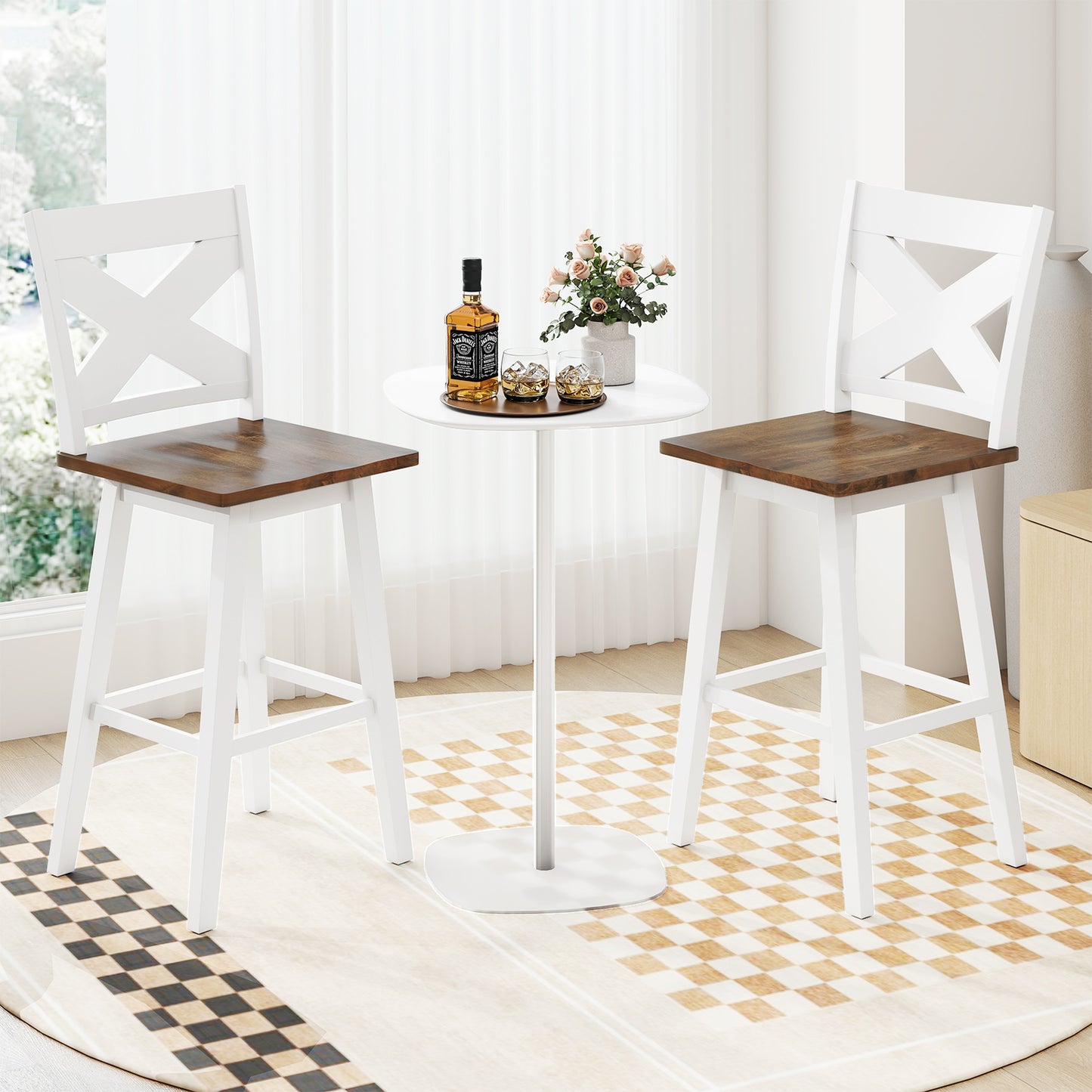 29" Rubberwood Swivel Barstools Set of 2 with Backrest and Large Seat, White