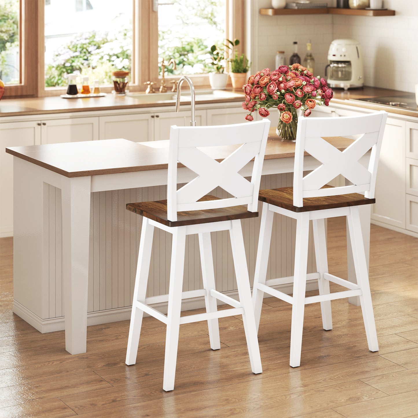 29" Rubberwood Swivel Barstools Set of 2 with Backrest and Large Seat, White