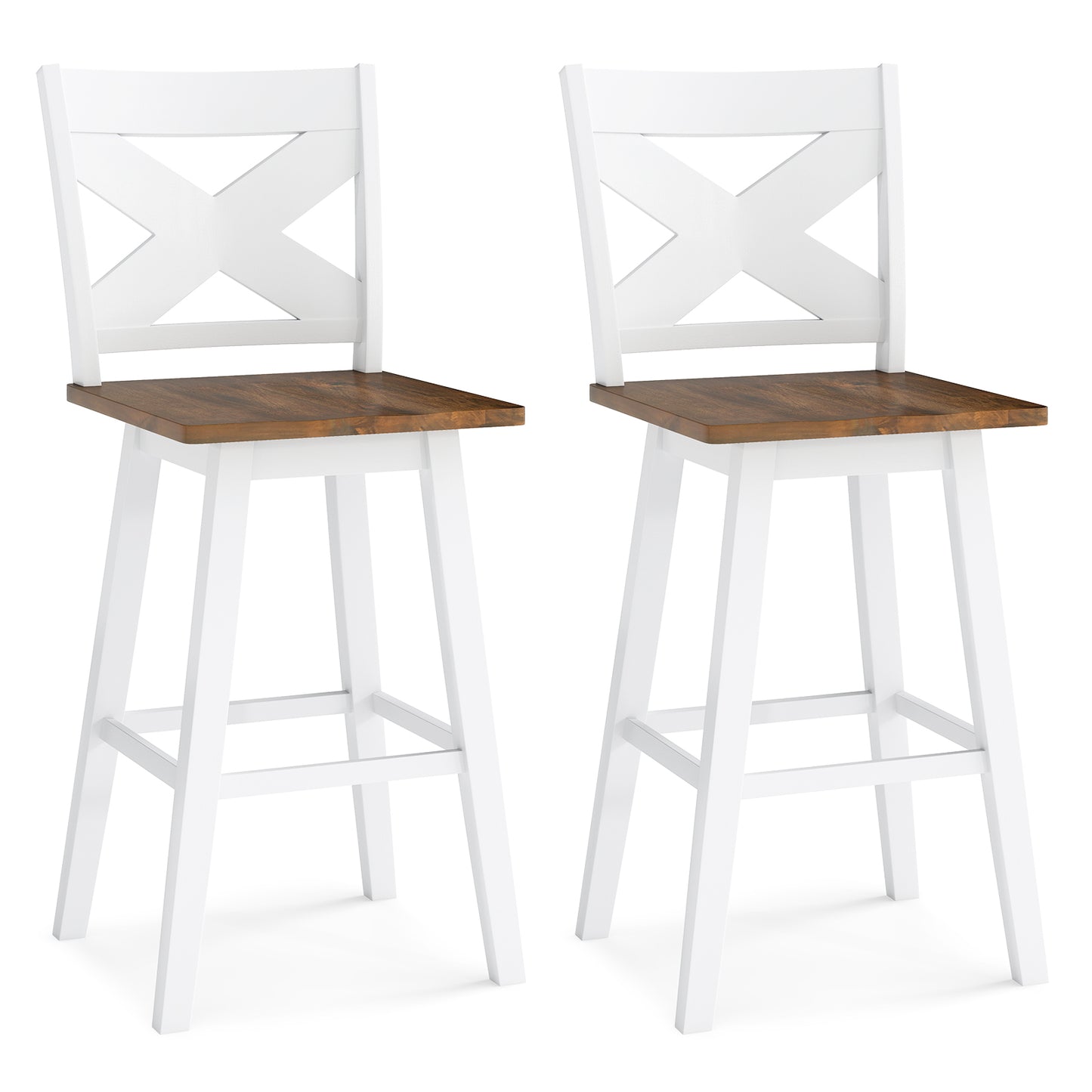 29" Rubberwood Swivel Barstools Set of 2 with Backrest and Large Seat, White