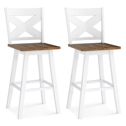 29" Rubberwood Swivel Barstools Set of 2 with Backrest and Large Seat, White