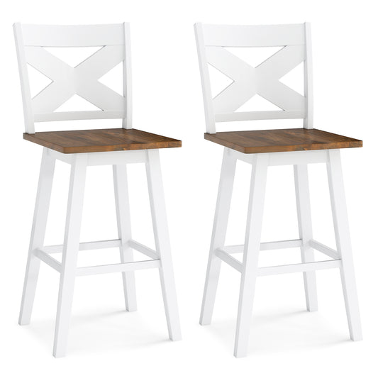 29" Rubberwood Swivel Barstools Set of 2 with Backrest and Large Seat, White