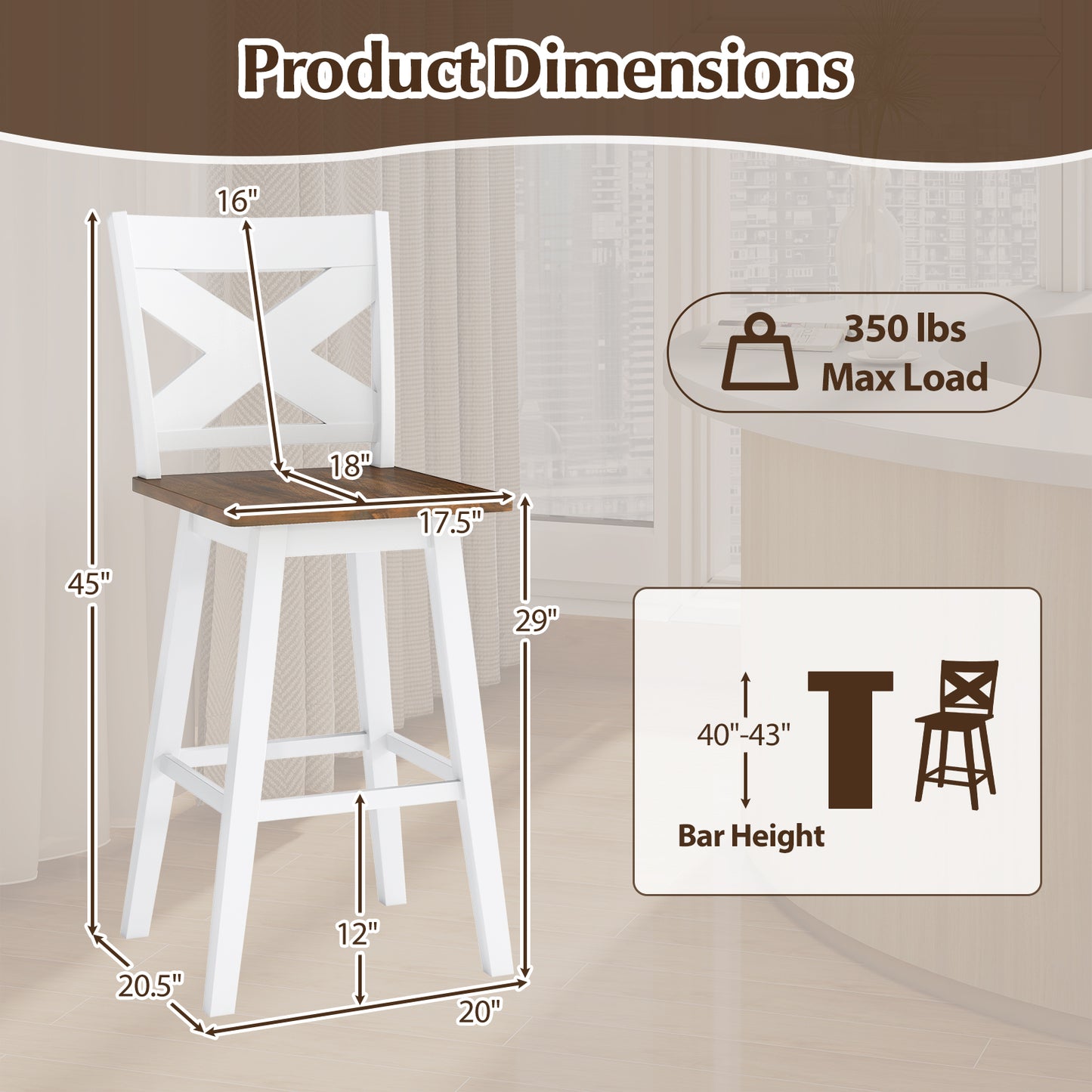 29" Rubberwood Swivel Barstools Set of 2 with Backrest and Large Seat, White