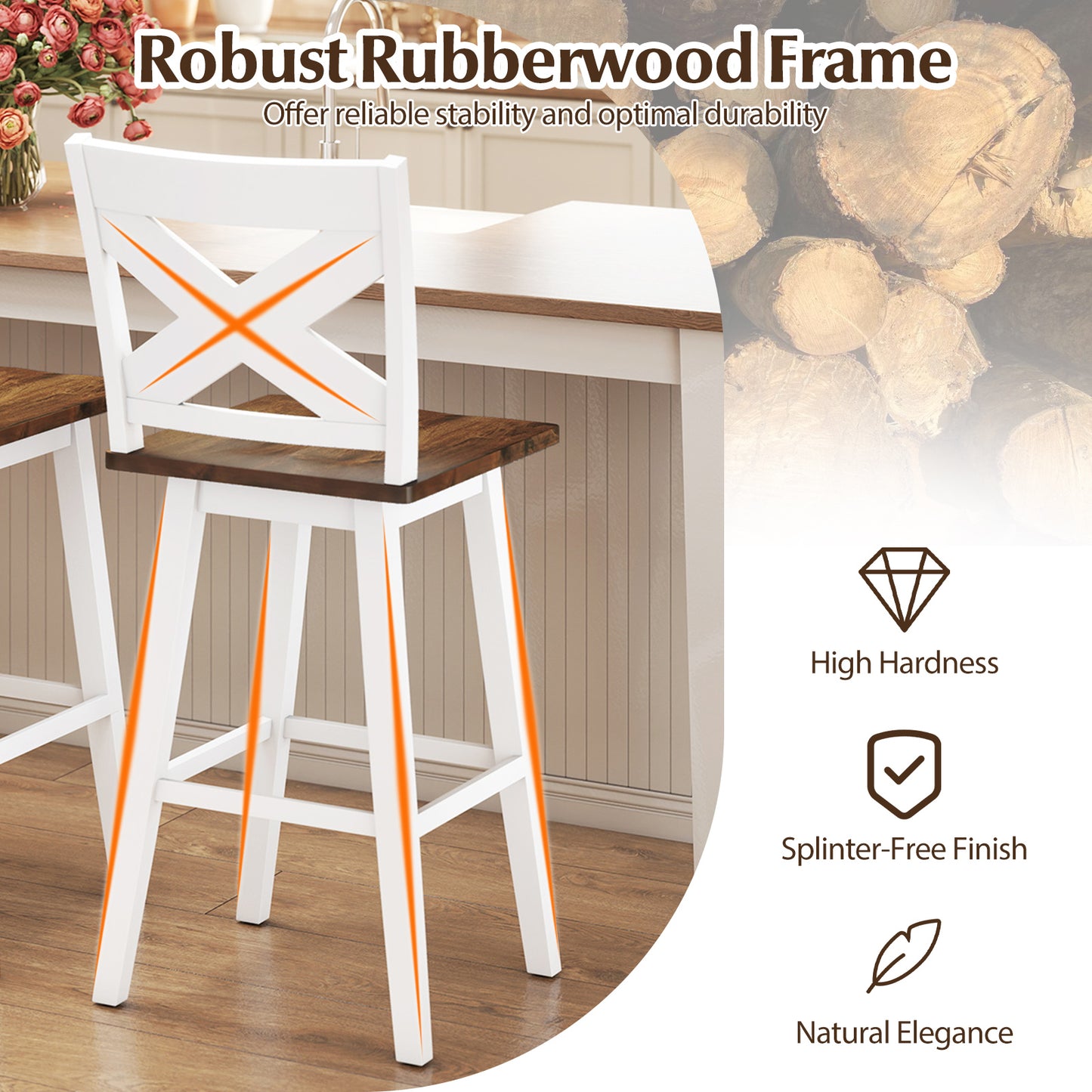 29" Rubberwood Swivel Barstools Set of 2 with Backrest and Large Seat, White
