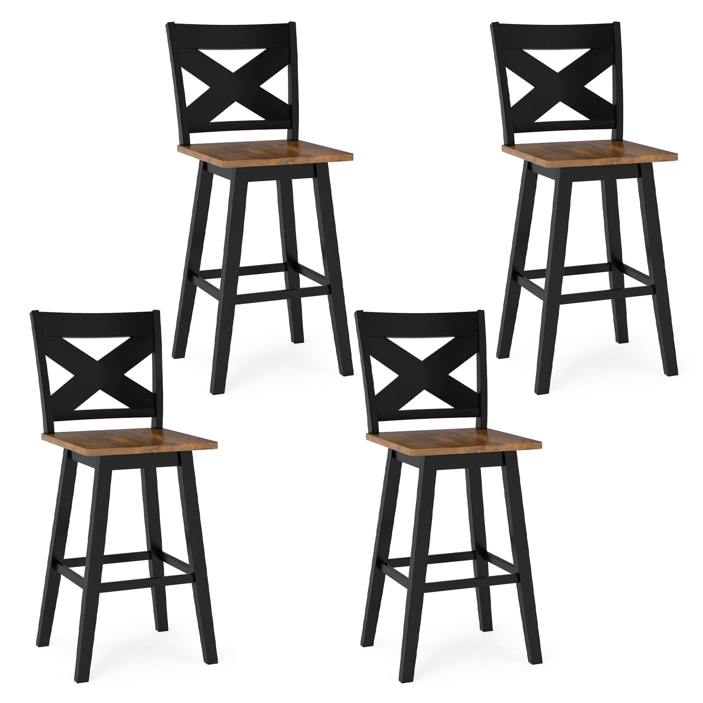 29" Rubberwood Swivel Barstools Set of 4 with Backrest and Large Seat, Black
