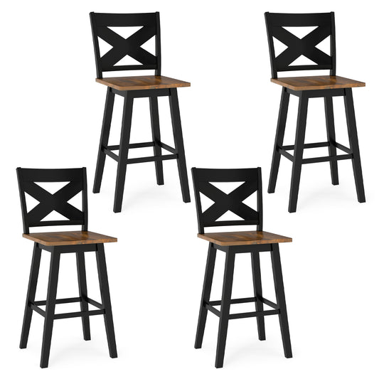 29" Rubberwood Swivel Barstools Set of 4 with Backrest and Large Seat, Black