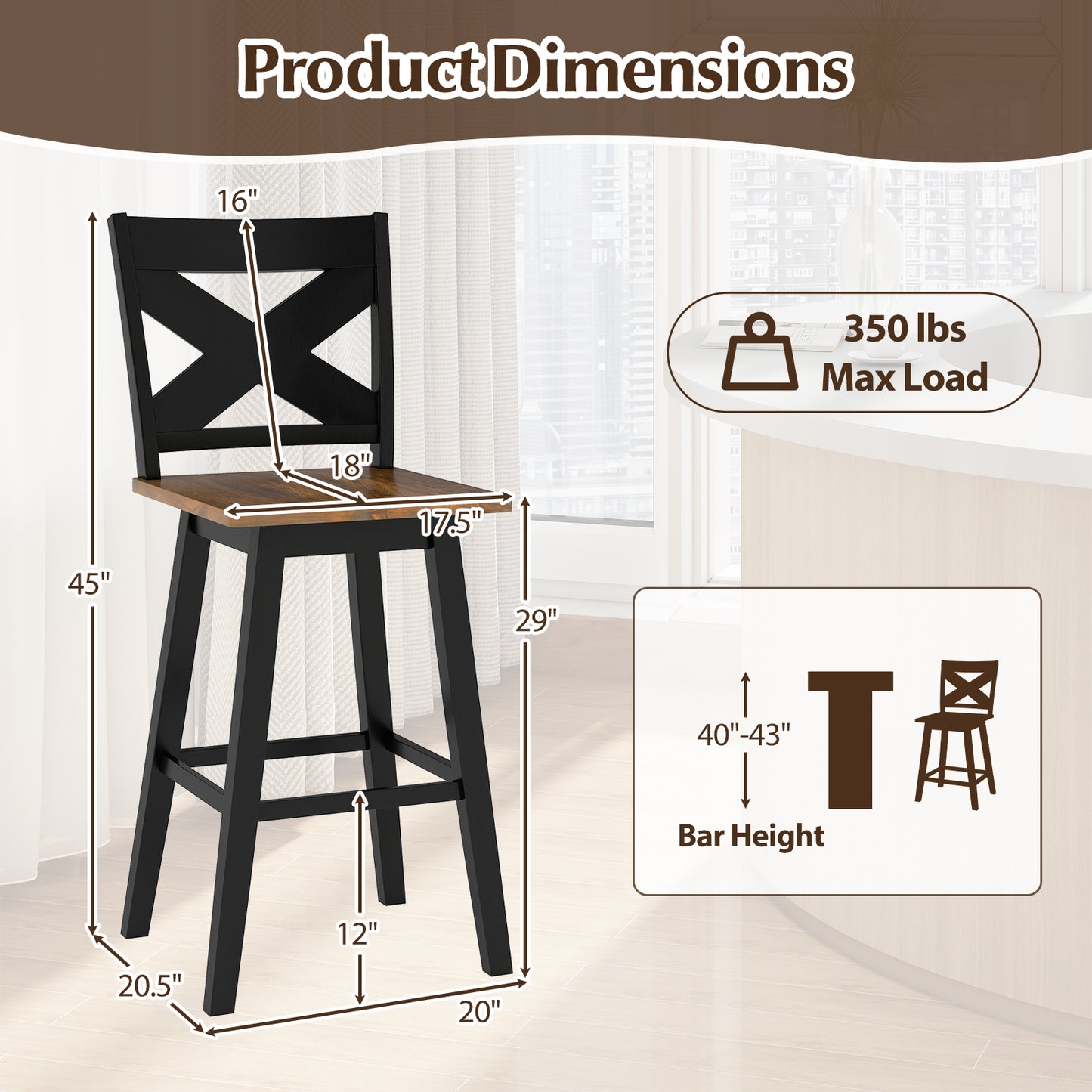 29" Rubberwood Swivel Barstools Set of 4 with Backrest and Large Seat, Black