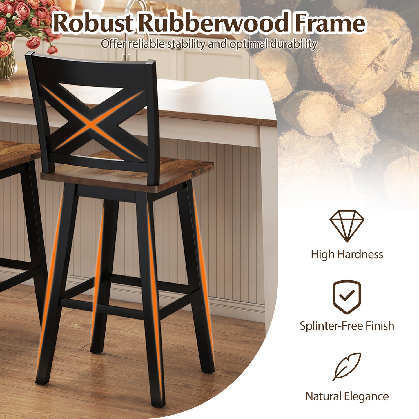 29" Rubberwood Swivel Barstools Set of 4 with Backrest and Large Seat, Black