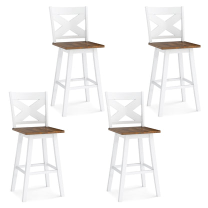 29" Rubberwood Swivel Barstools Set of 4 with Backrest and Large Seat-Wh ite, White